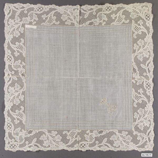 Handkerchief, Bobbin lace, Flanders lace, Mechlin lace, drawnwork, linen, French 