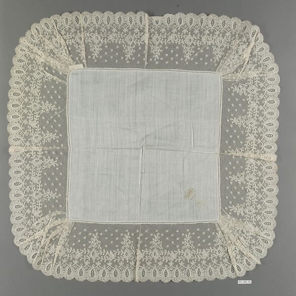 Handkerchief, Bobbin lace, Mechlin lace, drawnwork, linen, French 
