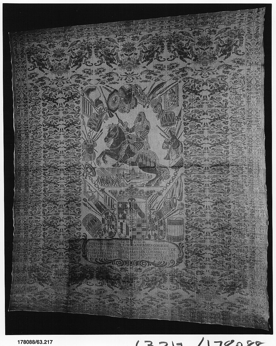Tablecloth with an equestrian portrait and the arms of Don Juan Domingo de Zuñiga y Fonseca, Duke of Monterey, Linen, Flemish