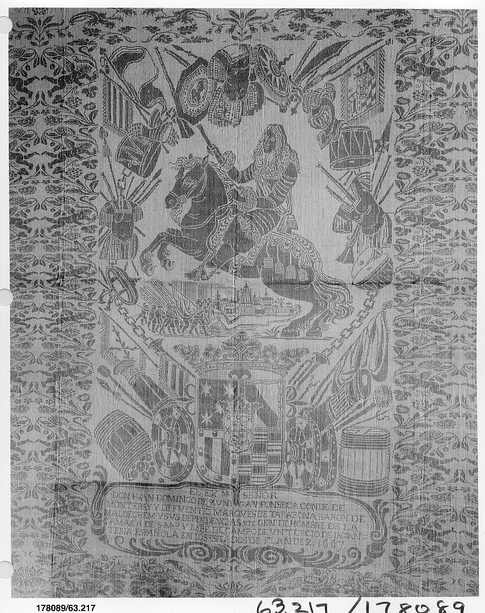 Tablecloth with an equestrian portrait and the arms of Don Juan Domingo de Zuñiga y Fonseca, Duke of Monterey, Linen, Flemish 