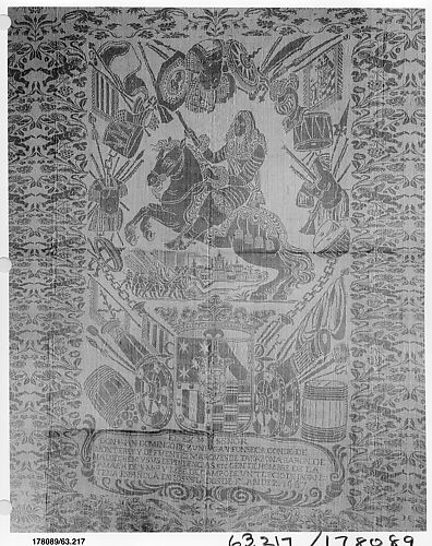 Tablecloth with an equestrian portrait and the arms of Don Juan Domingo de Zuñiga y Fonseca, Duke of Monterey