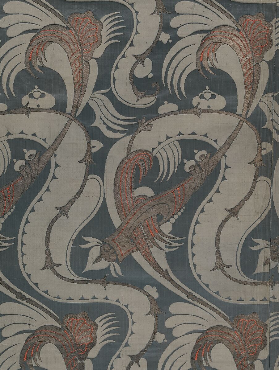 Length of bizarre silk, Silk satin, brocaded, silk and metal-wrapped thread, French or Italian