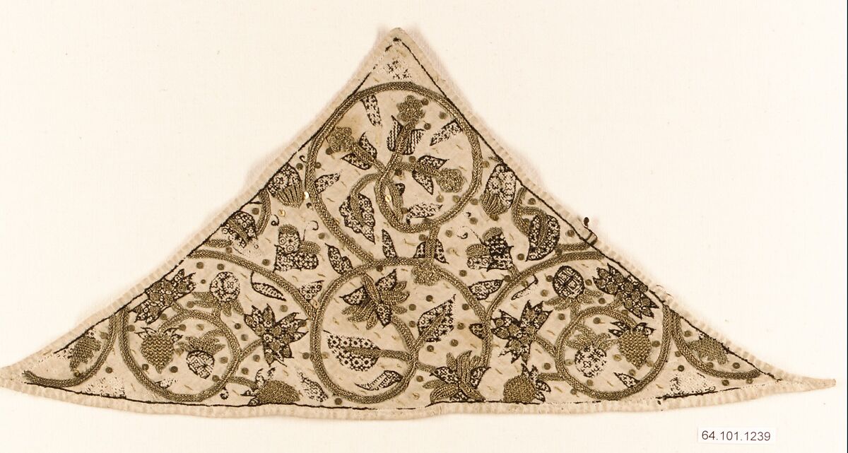 Forehead cloth, Silk and metal thread on linen, British 