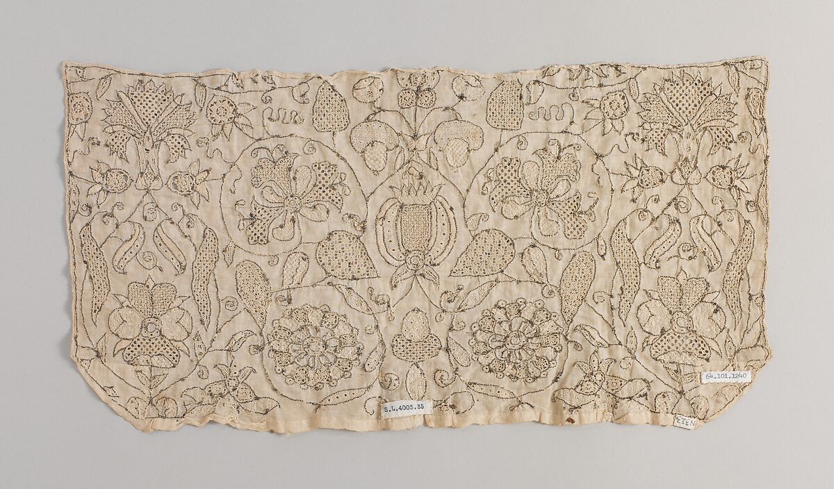 Coif (opened flat), Linen embroidered with linen and metal thread, spangles; drawn thread work, satin, chain, and needle-lace stitches, British