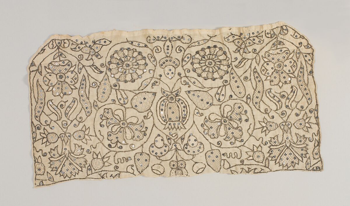 Coif (opened flat), Linen embroidered with linen and metal thread, spangles; drawn thread work, satin, chain, and needle-lace stitches, British 