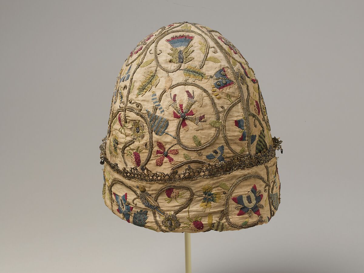 Night cap, Linen worked with silk and metal threads, spangles; chain, stem, darning, detached buttonhole, and plaited braid stitches, British