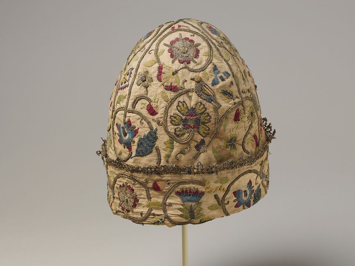 Night cap, Linen worked with silk and metal threads, spangles; chain, stem, darning, detached buttonhole, and plaited braid stitches, British