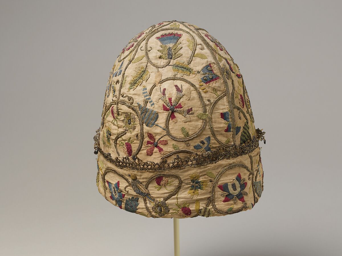 Night cap, Linen worked with silk and metal threads, spangles; chain, stem, darning, detached buttonhole, and plaited braid stitches, British