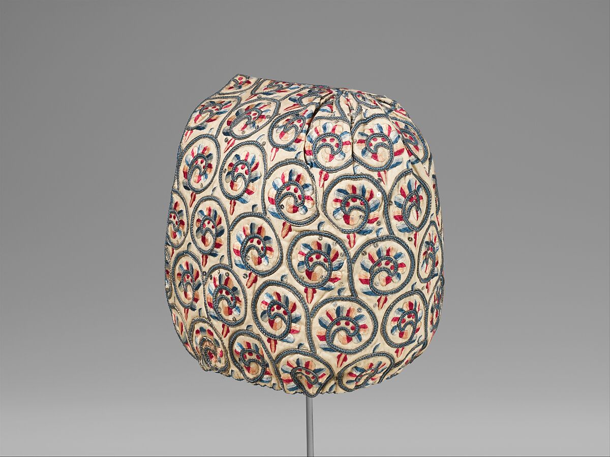 Coif, Linen worked with silk and metal thread, spangles; satin, long -and-short, braid, buttonhole, and couching stitches, British