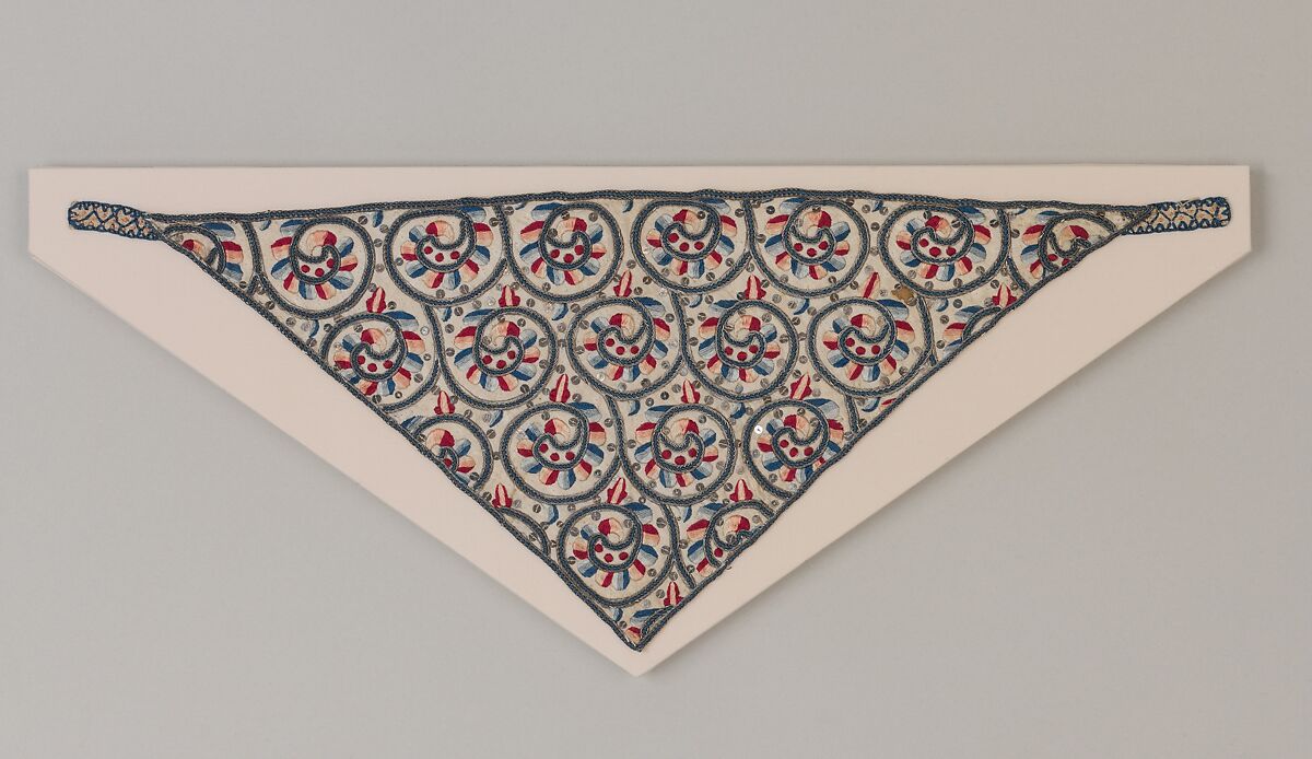 Coif, Linen worked with silk and metal thread, spangles; satin, long -and-short, braid, buttonhole, and couching stitches, British