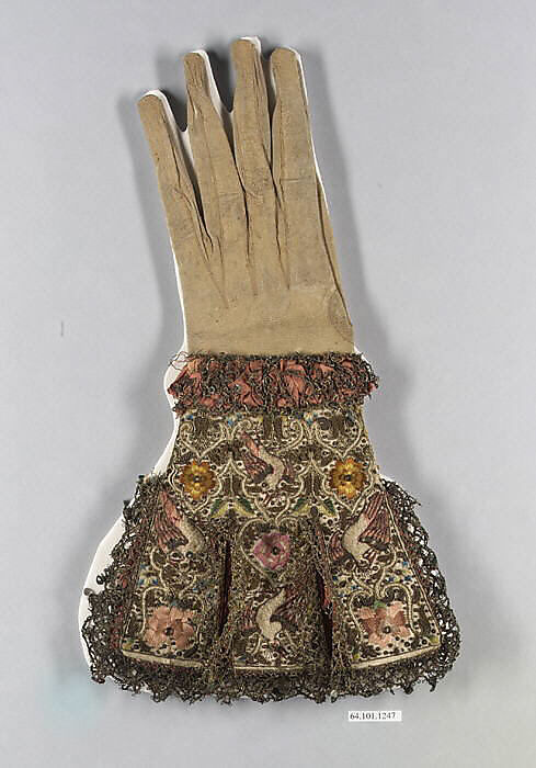 Pair of gloves, Leather, satin worked with silk and metal thread; long-and-short, satin knot, and couching stitches; metal bobbin lace, British