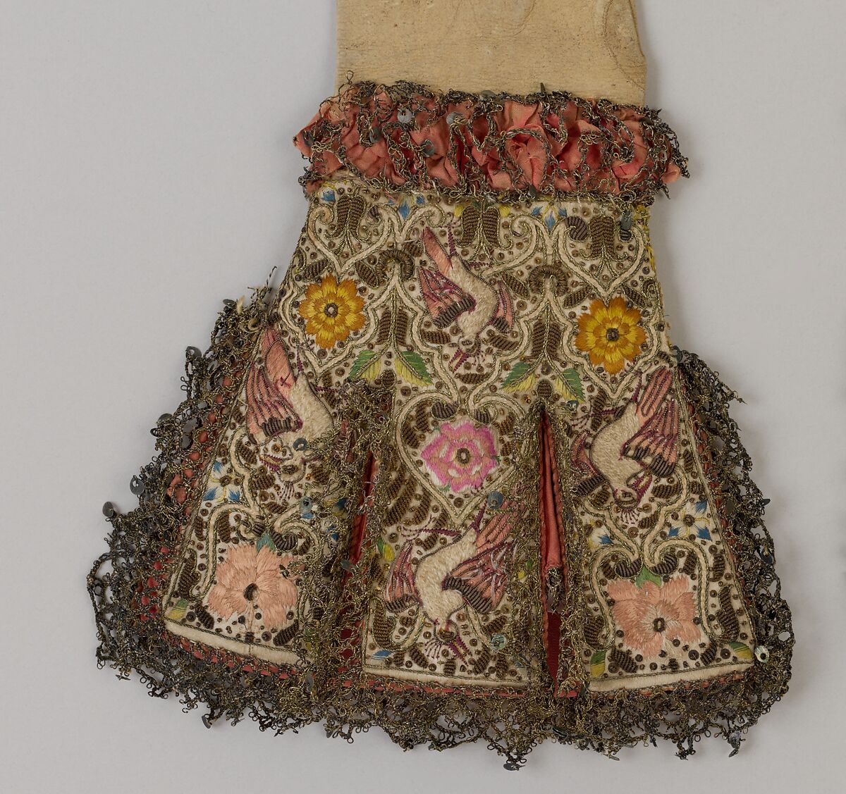Pair of gloves, Leather, satin worked with silk and metal thread; long-and-short, satin knot, and couching stitches; metal bobbin lace, British