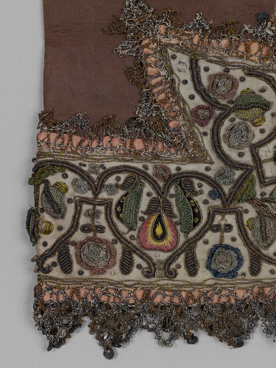 Pair of gloves, Leather, satin worked with silk and metal thread, spangles; long-and-short, satin, detached buttonhole, couching stitches; metal bobbin lace; silk and metal ribbon, British