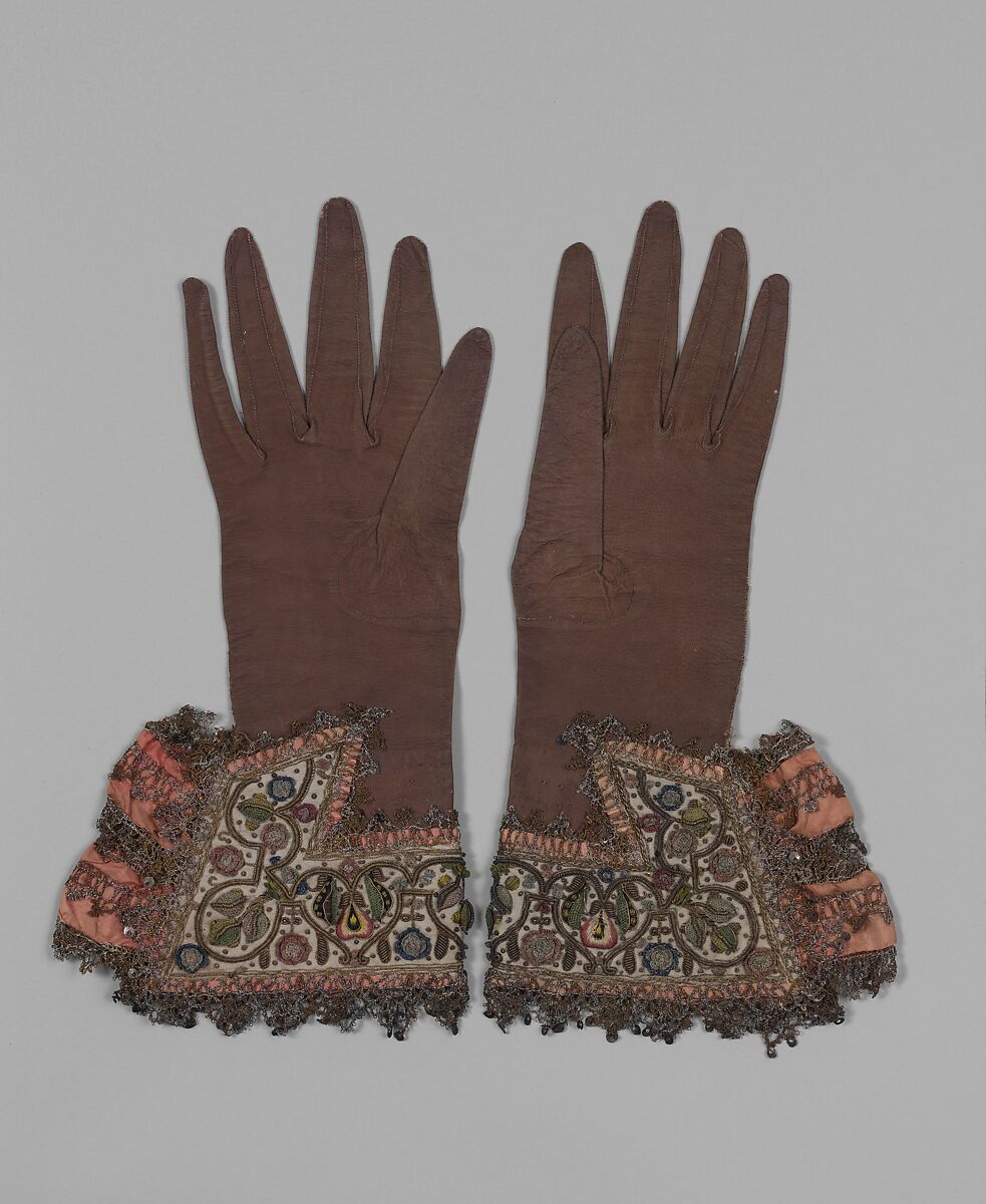 Pair of gloves, Leather, satin worked with silk and metal thread, spangles; long-and-short, satin, detached buttonhole, couching stitches; metal bobbin lace; silk and metal ribbon, British 