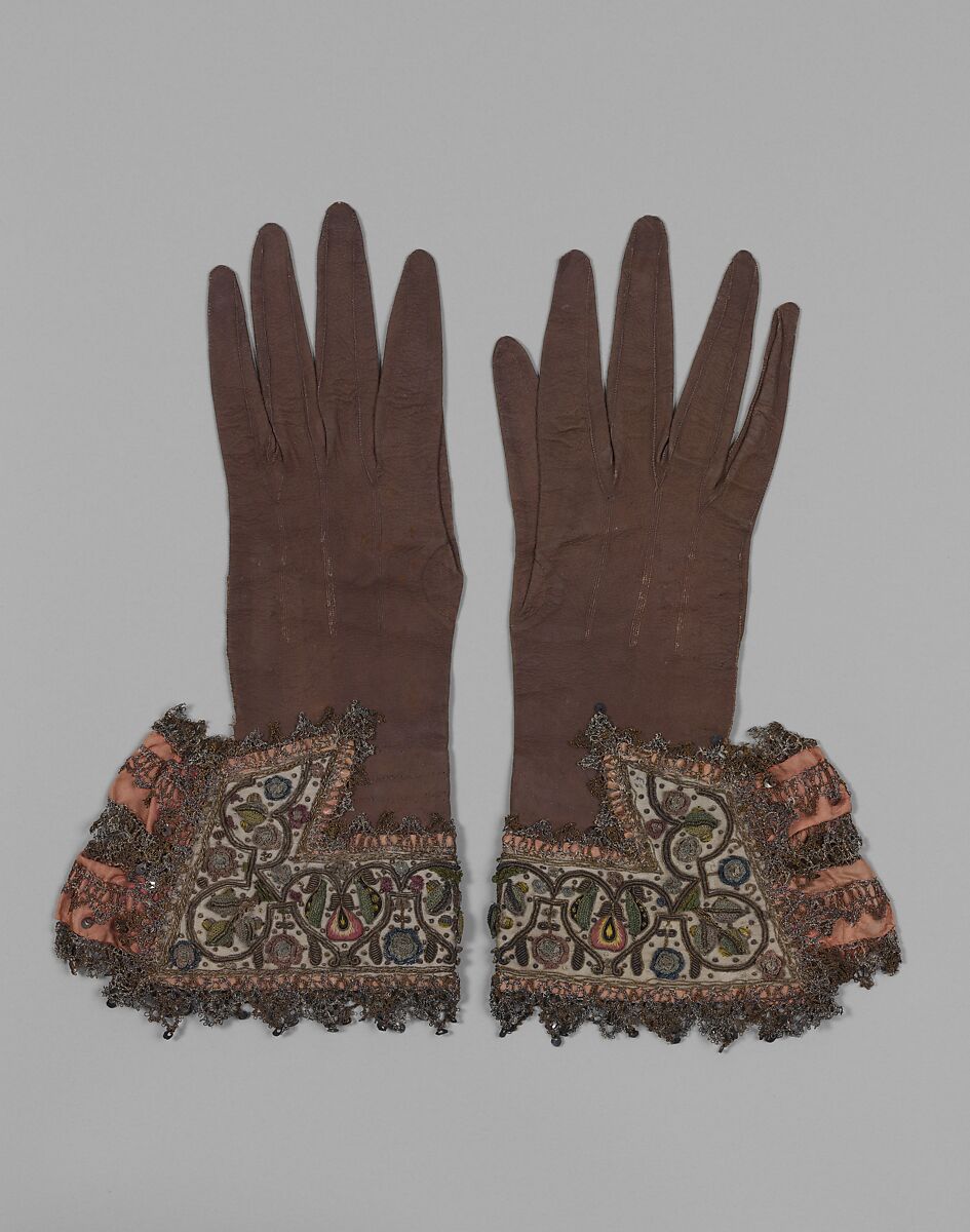 Pair of gloves, Leather, satin worked with silk and metal thread, spangles; long-and-short, satin, detached buttonhole, couching stitches; metal bobbin lace; silk and metal ribbon, British