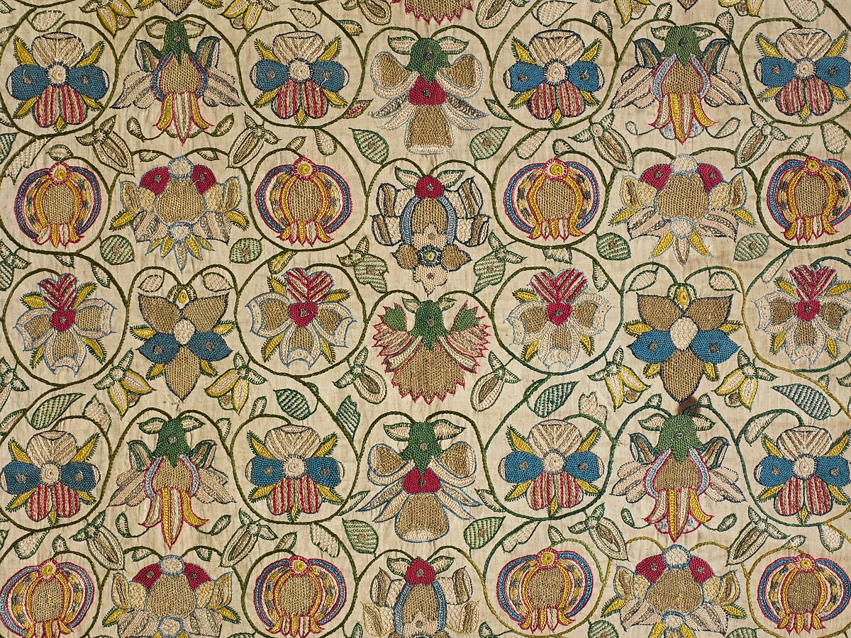 Long cushion cover, Linen worked with silk and metal thread; chain, stem, plaited braid, couching, and detached buttonhole stitches, British