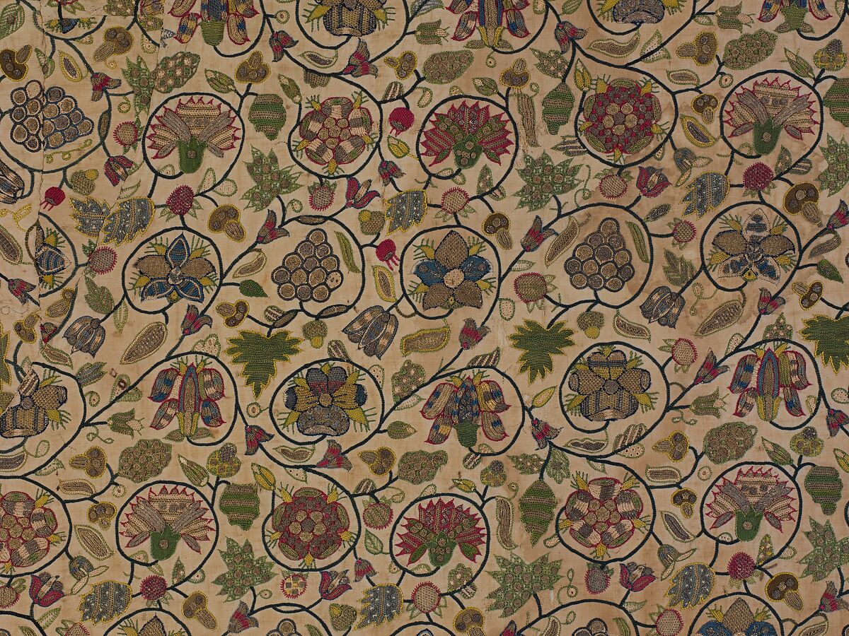 Cushion cover, Linen embroidered with silk and gilded silver thread; chain, square double chain, stem,
plaited braid, and buttonhole stitches, with buttonhole fillings, laid and couched work, British