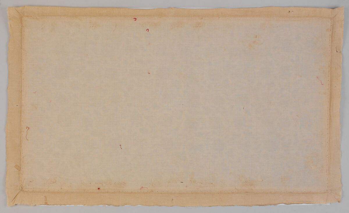 Cushion cover, Linen embroidered with silk and gilded silver thread; chain, square double chain, stem,
plaited braid, and buttonhole stitches, with buttonhole fillings, laid and couched work, British