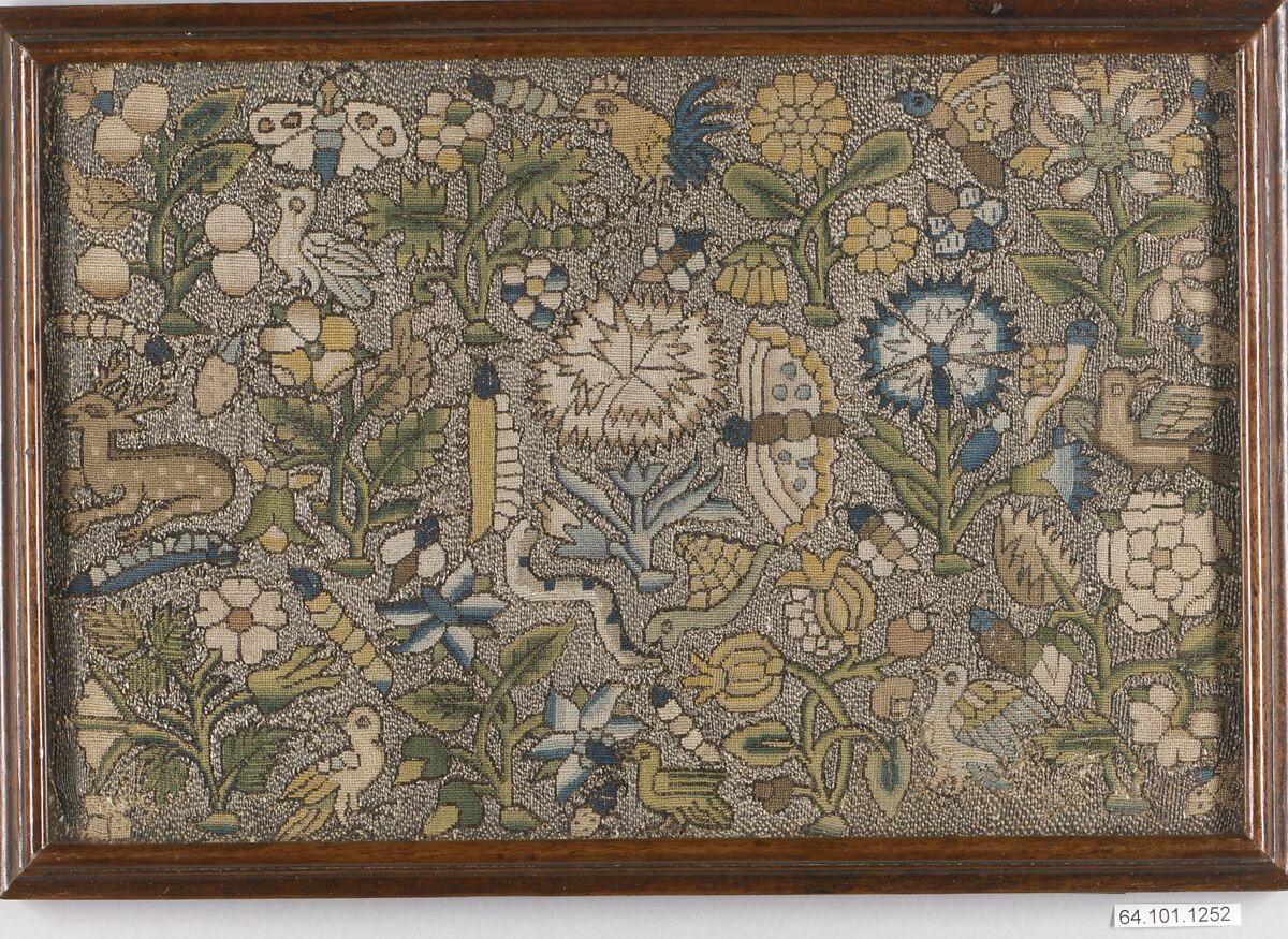Cushion cover, Silk and metal thread on canvas, British 