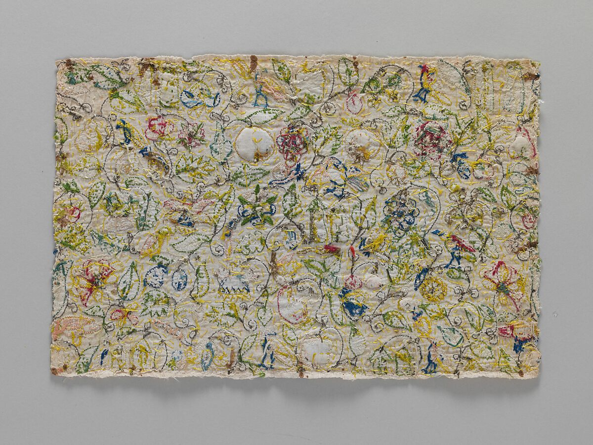 Pillow cover, Linen worked with silk and metal thread, spangles; stem, back, plaited braid, knots, and buttonhole stitches, with buttonhole filling, raised and semi-detached, British