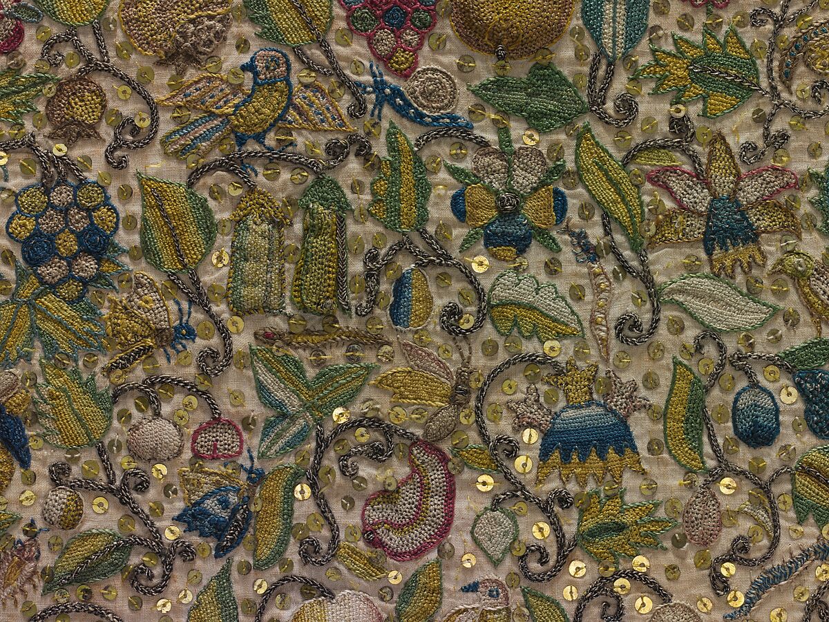 Pillow cover, Linen worked with silk and metal thread, spangles; stem, back, plaited braid, knots, and buttonhole stitches, with buttonhole filling, raised and semi-detached, British