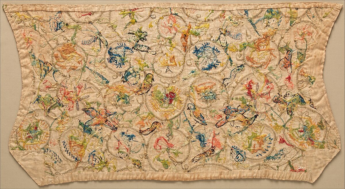 Coif, Linen embroidered with silk and silver-gilt wrapped thread and spangles, British