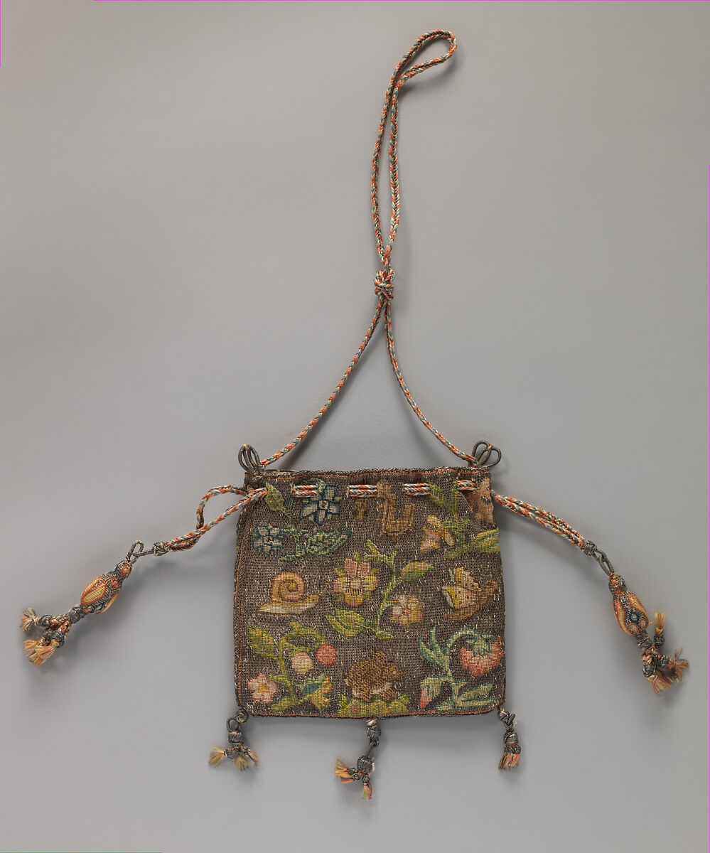 Purse, Canvas worked with silk and metal thread; Gobelin and tent stitches; silk cord and silk and metal thread tassels, British