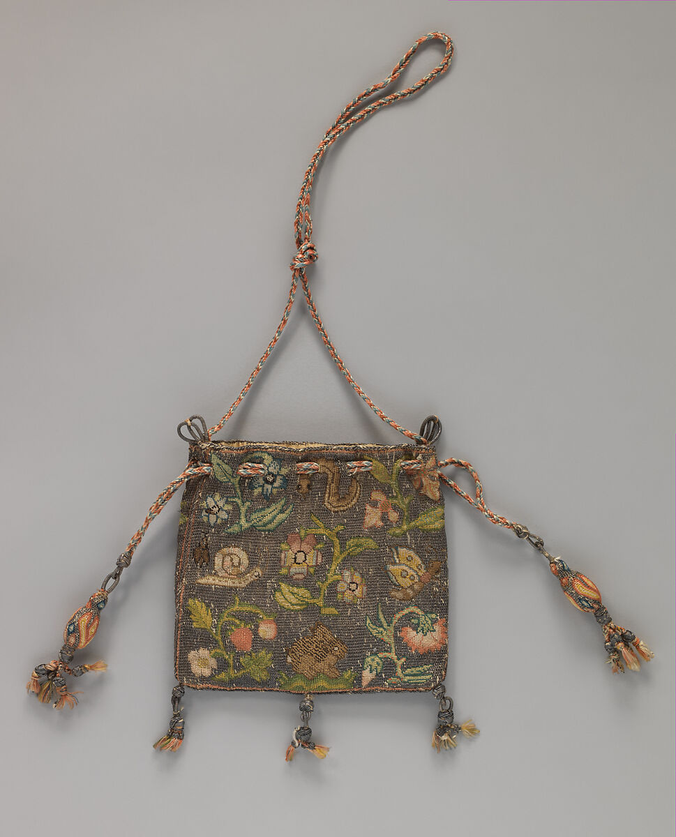 Purse, Canvas worked with silk and metal thread; Gobelin and tent stitches; silk cord and silk and metal thread tassels, British 