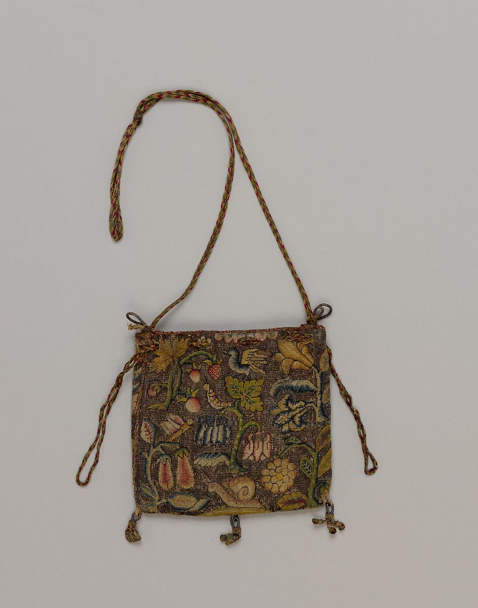 Purse, Canvas embroidered with silk, silver, and silver-gilt thread, British 