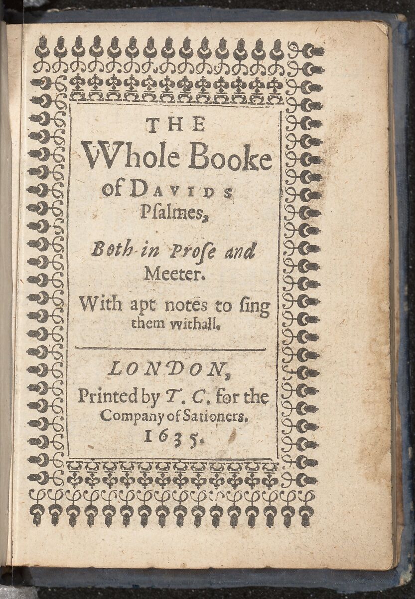 The Whole Booke of Davids Psalmes, with an embroidered cover, Printed by T.C. for the Company of Stationers  , London, 1635, Canvas worked with silk and metal threads, seed pearls; tent, Gobelin, and couching stitches, British