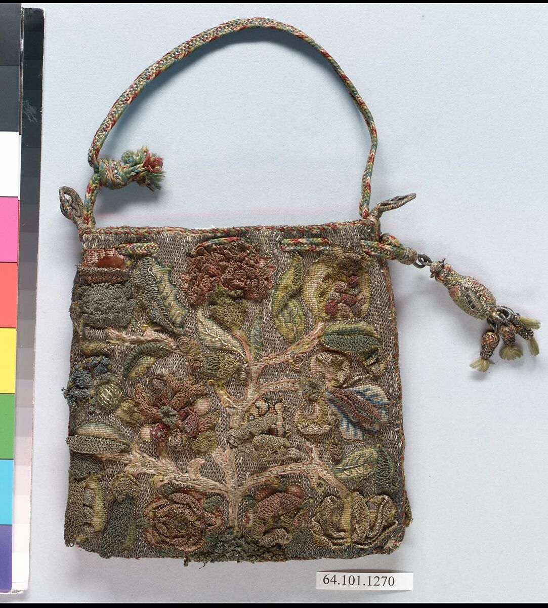 Purse, Silk and metal thread on canvas, British 