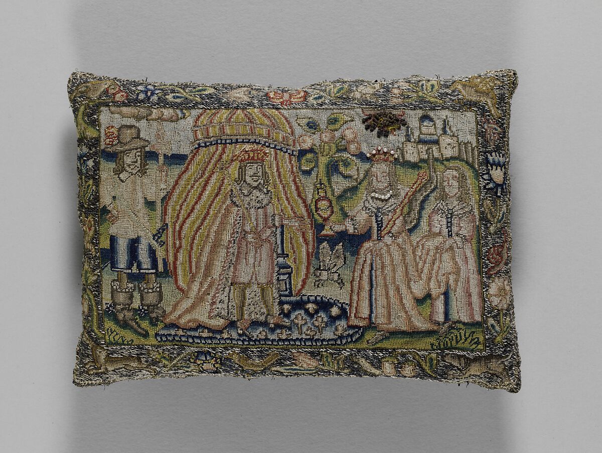 Cushion with Solomon and Sheba, Canvas worked with silk and metal thread, seed pearls; tent, Gobelin, and couching stitches, British 