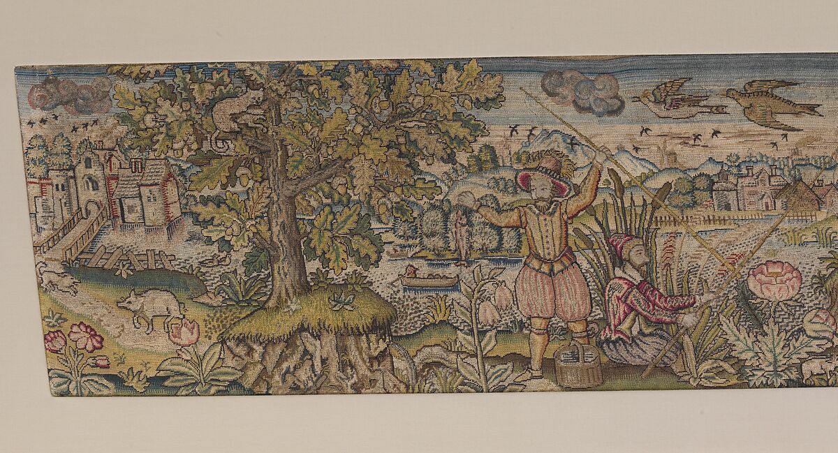 Valance (one of a set of three), Canvas worked with silk and metal thread; tent, long-and-short, and couching stitches, British