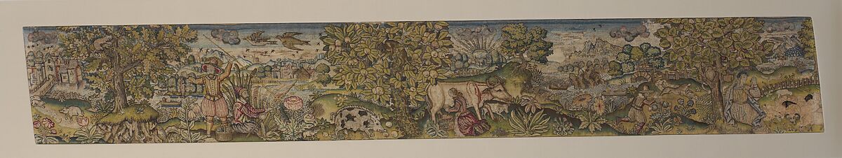 Valance (one of a set of three), Canvas worked with silk and metal thread; tent, long-and-short, and couching stitches, British