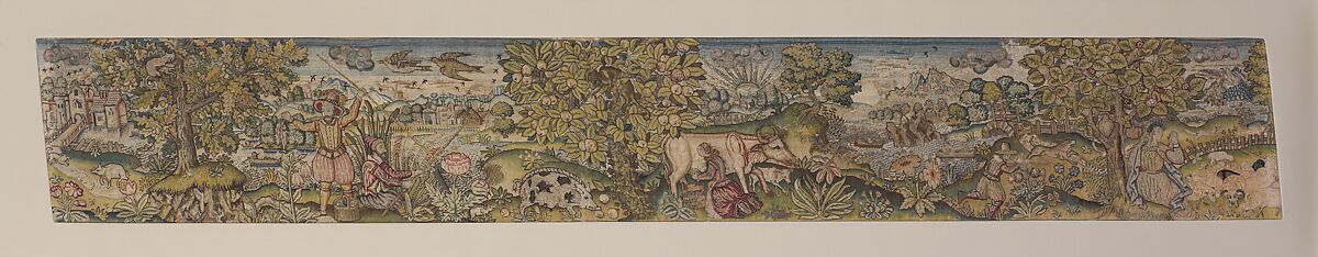 Valance (one of a set of three), Canvas worked with silk and metal thread; tent, long-and-short, and couching stitches, British 