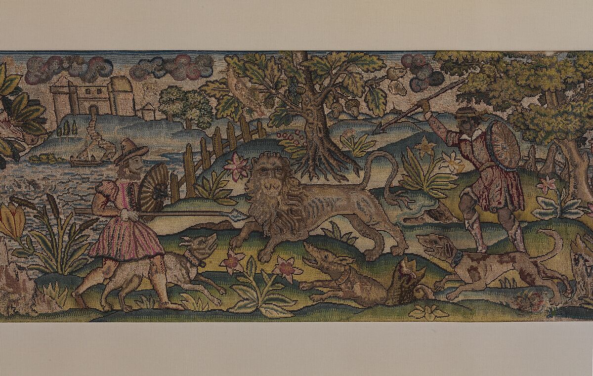 Valance (one of a set of three), Canvas worked with silk and metal thread; tent, long-and-short, and couching stitches, British
