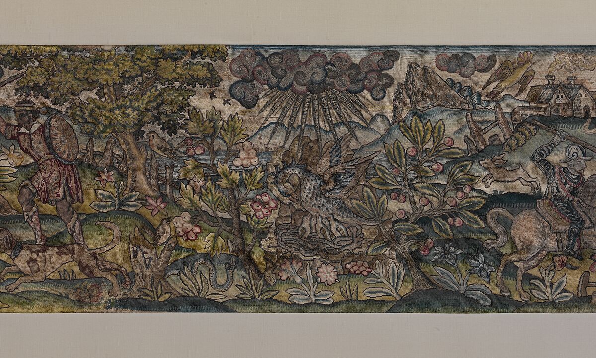 Valance (one of a set of three), Canvas worked with silk and metal thread; tent, long-and-short, and couching stitches, British