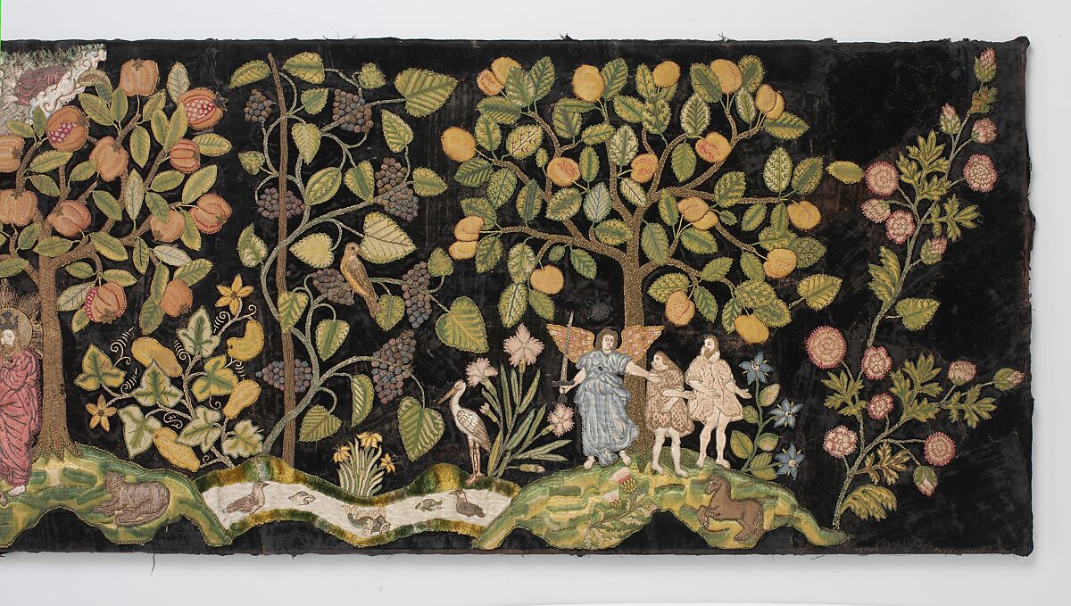 The Garden of Eden, Velvet worked with silk and metal thread; long-and-short, split, stem, satin, chain, knots, and couching stitches; applied canvas worked with silk thread in tent stitch, British