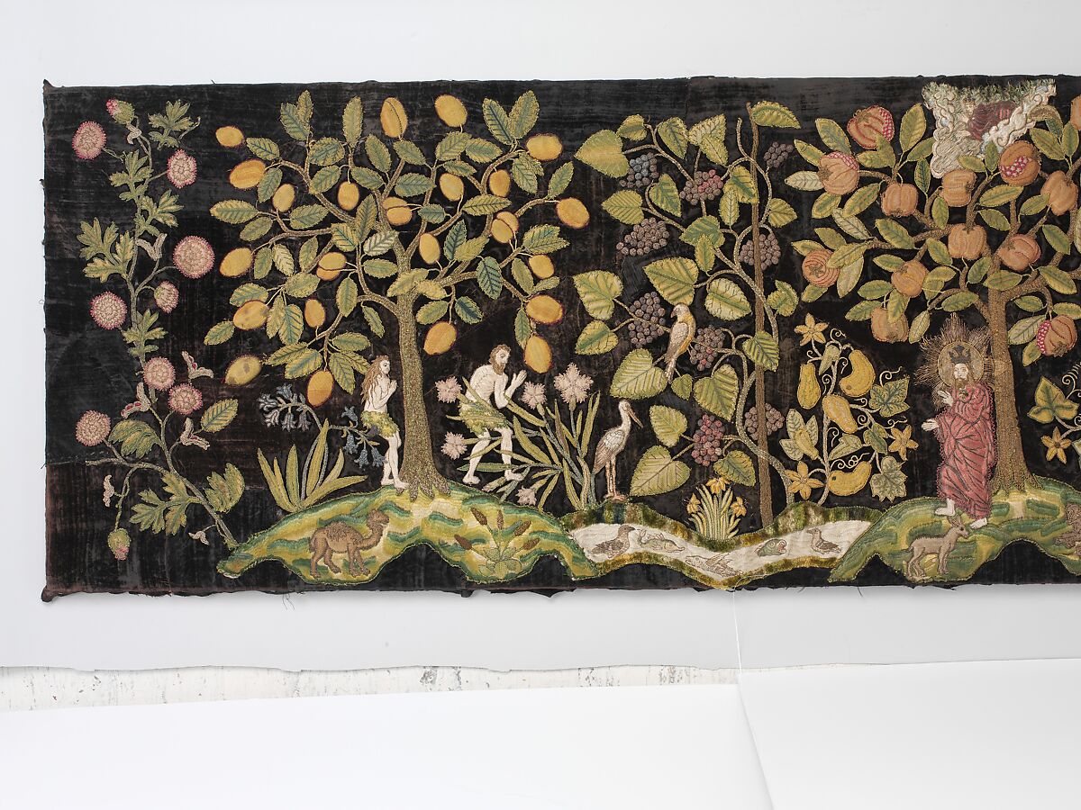 The Garden of Eden, Velvet worked with silk and metal thread; long-and-short, split, stem, satin, chain, knots, and couching stitches; applied canvas worked with silk thread in tent stitch, British