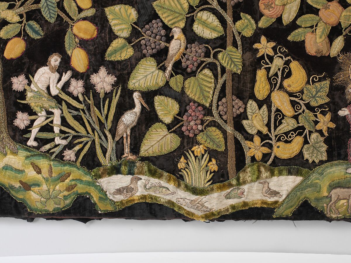 The Garden of Eden, Velvet worked with silk and metal thread; long-and-short, split, stem, satin, chain, knots, and couching stitches; applied canvas worked with silk thread in tent stitch, British
