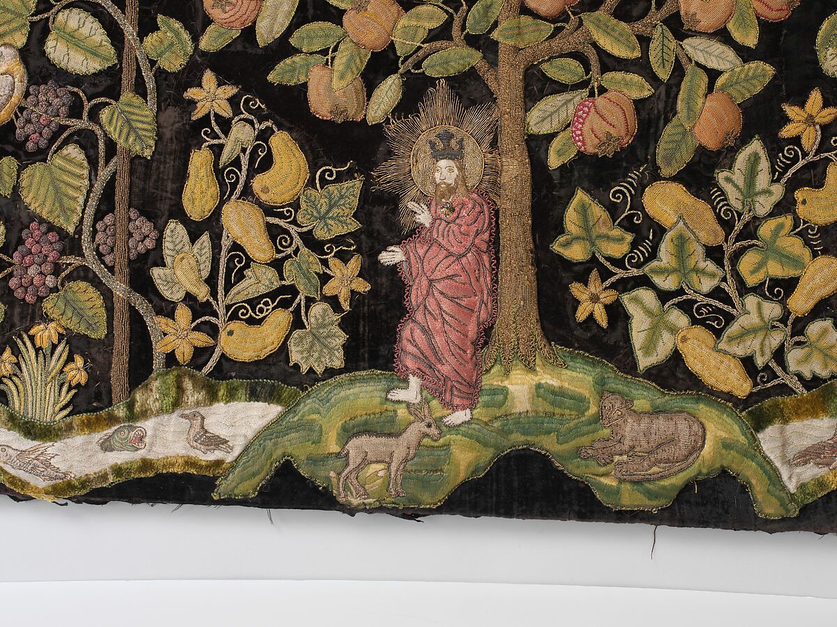 The Garden of Eden, Velvet worked with silk and metal thread; long-and-short, split, stem, satin, chain, knots, and couching stitches; applied canvas worked with silk thread in tent stitch, British