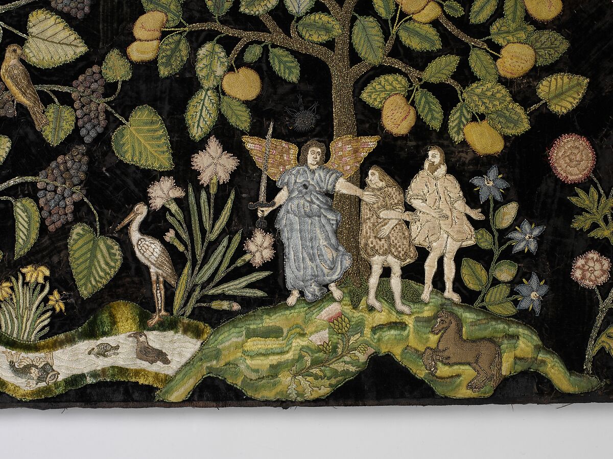 The Garden of Eden, Velvet worked with silk and metal thread; long-and-short, split, stem, satin, chain, knots, and couching stitches; applied canvas worked with silk thread in tent stitch, British