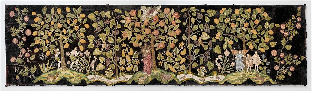 The Garden of Eden, Velvet worked with silk and metal thread; long-and-short, split, stem, satin, chain, knots, and couching stitches; applied canvas worked with silk thread in tent stitch, British 