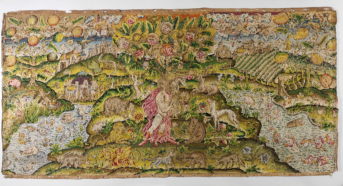 Orpheus Charming the Animals, Canvas worked with silk thread; tent, stem, split, knot, long-and-short, and couching stitches, British