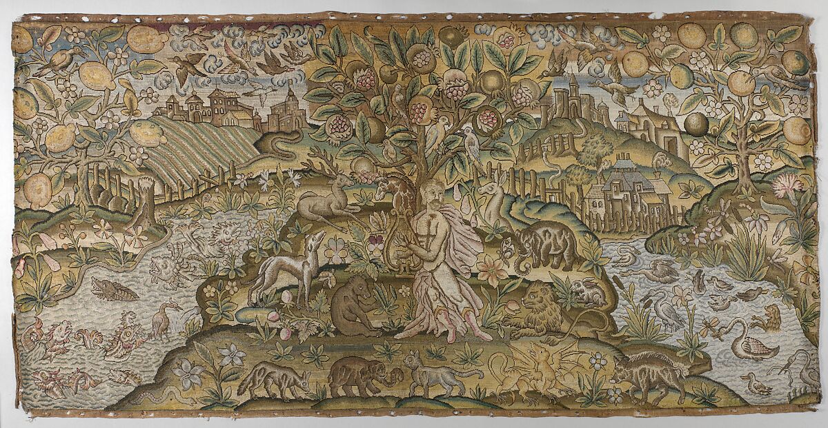 Orpheus Charming the Animals, Canvas worked with silk thread; tent, stem, split, knot, long-and-short, and couching stitches, British 