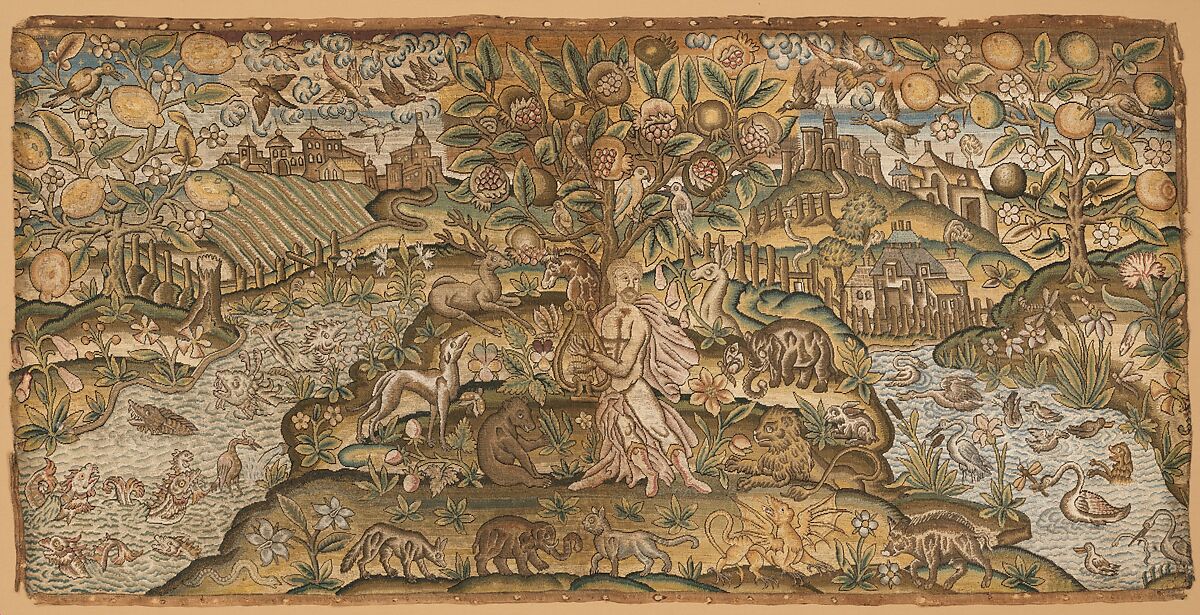 Orpheus Charming the Animals, Canvas worked with silk thread; tent, stem, split, knot, long-and-short, and couching stitches, British