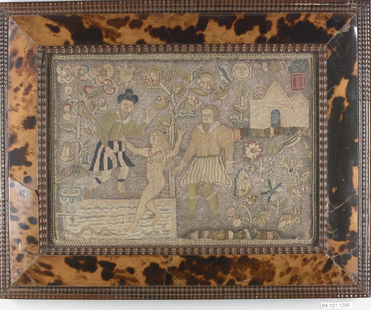 Cushion with Susanna and the Elders, Silk and metal thread on canvas, British 