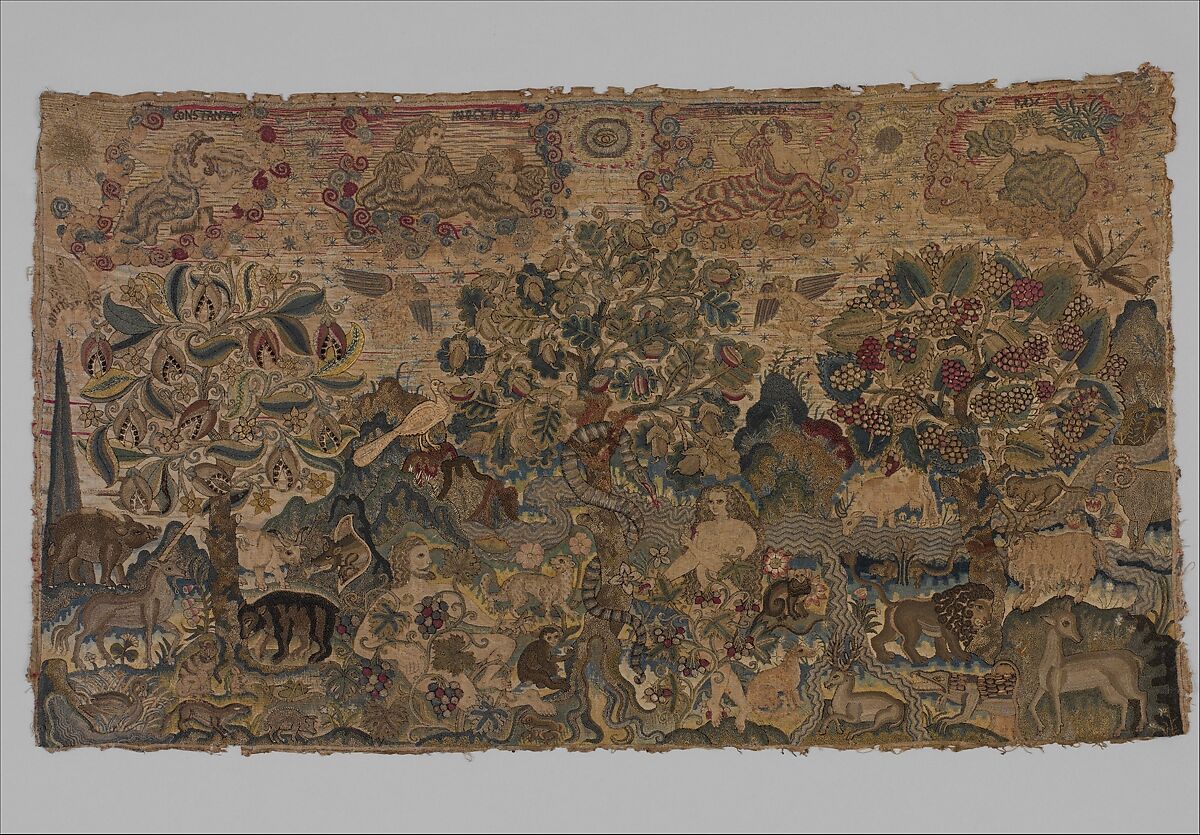 Adam and Eve in the Garden of Eden with Virtues, Canvas worked with silk, metal thread, glass beads, spangles; tent, Gobelin, satin, long-and-short, cross, and couching stitches, British 