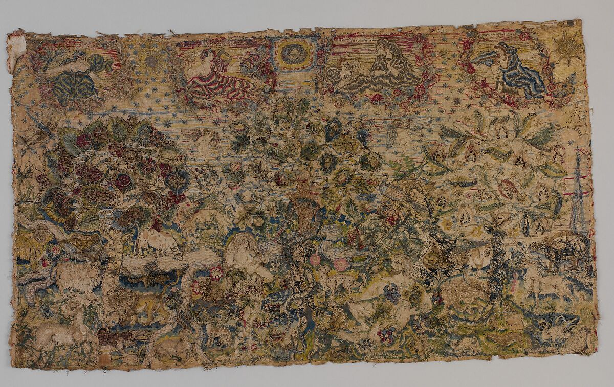 Adam and Eve in the Garden of Eden with Virtues, Canvas worked with silk, metal thread, glass beads, spangles; tent, Gobelin, satin, long-and-short, cross, and couching stitches, British