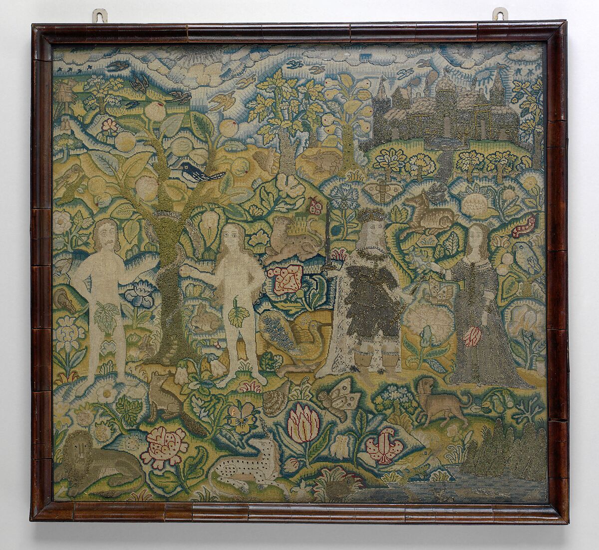 Adam and Eve with Charles I and Henrietta Maria, Canvas worked with silk and metal thread; tent and couching stitches, British